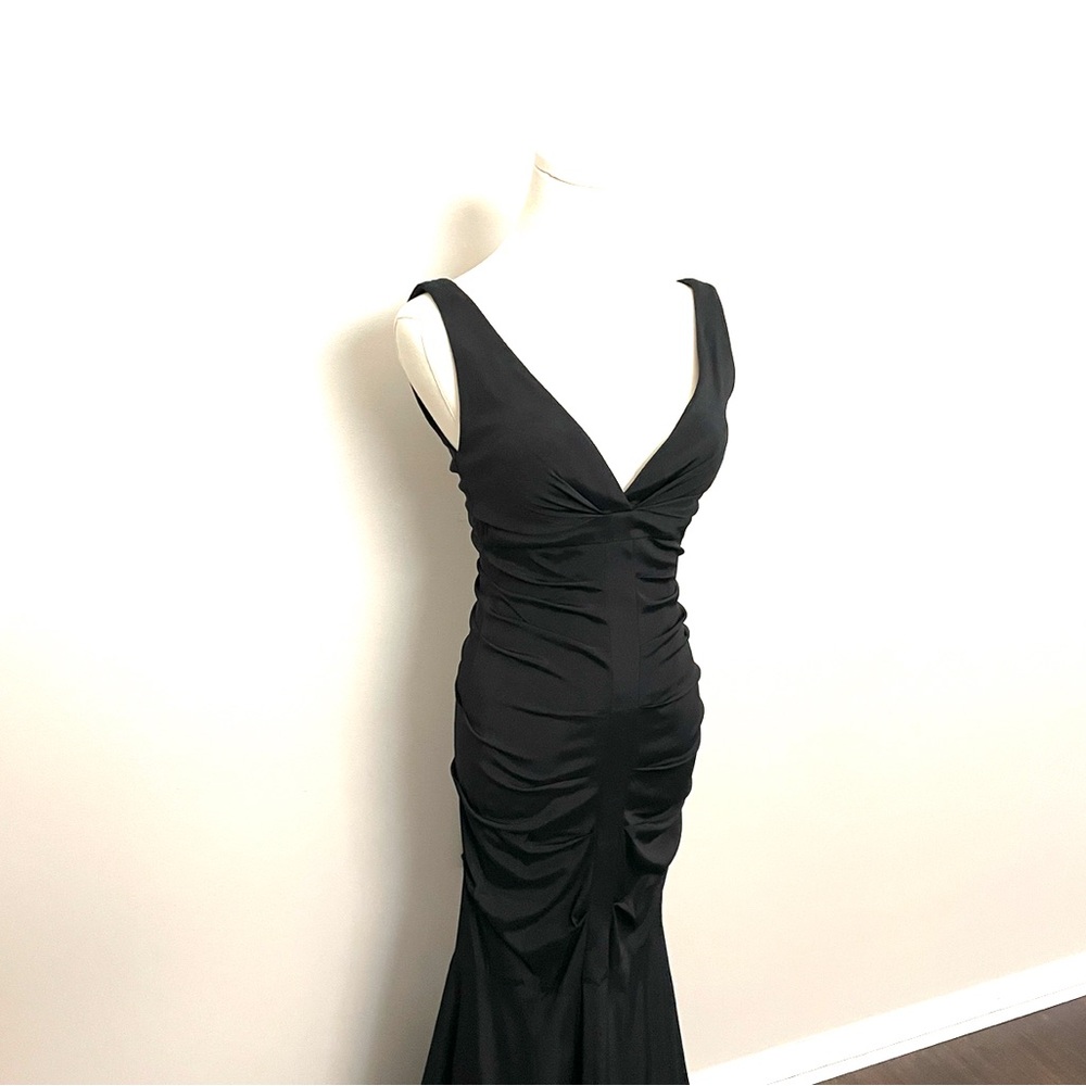 Vintage Caché Dress Maxi Mermaid Bodycon Plunge Neck Ruched Tulle Lined Black - Picture 12 of 12